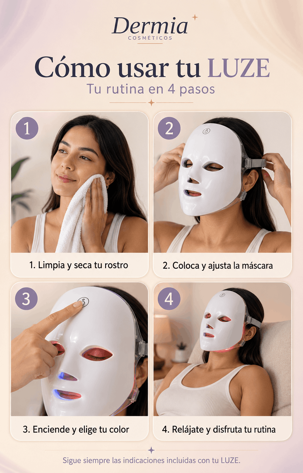 Cómo usar la mascarilla LED facial LUZE en cuatro pasos
