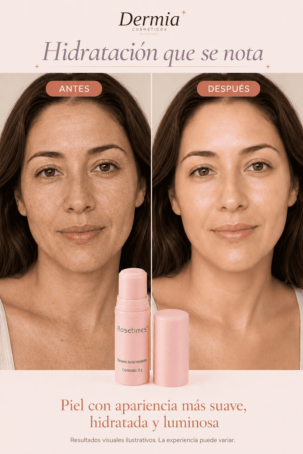 Resultado de hidratación y luminosidad con Bálsamo Facial en Stick