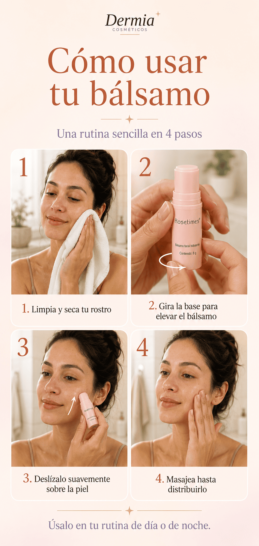 Cómo usar el bálsamo facial hidratante en stick en cuatro pasos